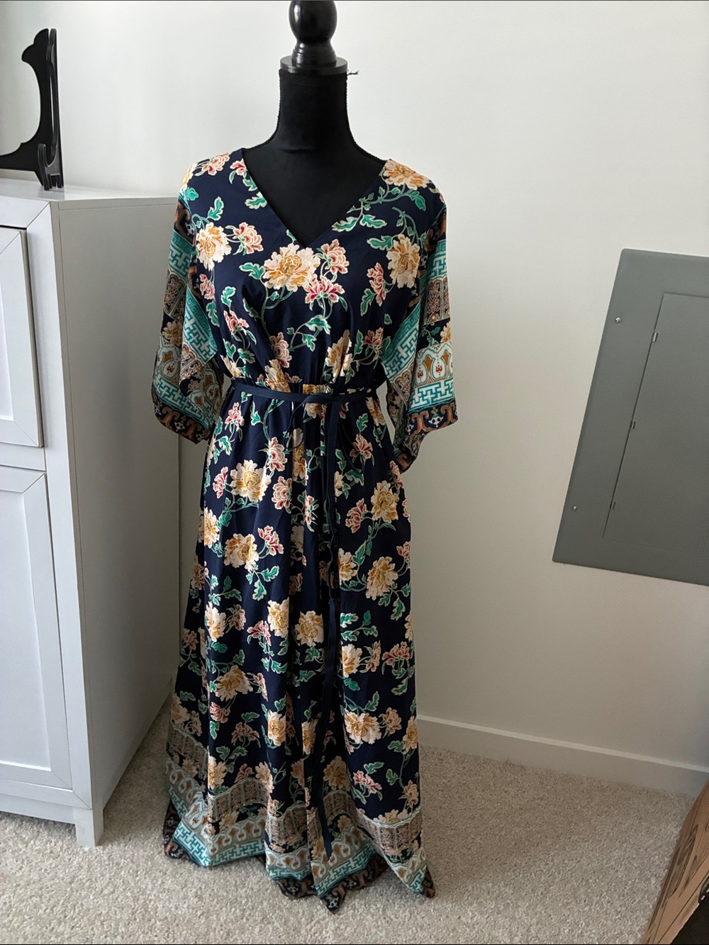 Chico's Navy Floral Maxi Dress with Belt